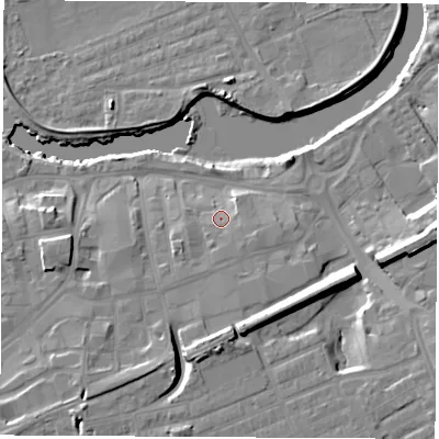 Shaded relief map of the ground around WF101AF, computed from Environment Agency LiDAR. The ground here sits at about 15 m above sea level and falls 13 m across the surrounding 800 m. Surface water reaching this point runs off ground lying to the west-south-west, 3.2 m higher.