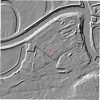Shaded relief map of the ground around WF101AR, computed from Environment Agency LiDAR. The ground here sits at about 15 m above sea level and falls 10 m across the surrounding 800 m. Surface water reaching this point runs off ground lying to the east-south-east, 0.8 m higher.