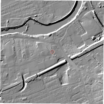Shaded relief map of the ground around WF101AY, computed from Environment Agency LiDAR. The ground here sits at about 15 m above sea level and falls 16 m across the surrounding 800 m. Surface water reaching this point runs off ground lying to the south-west, 7.0 m higher.