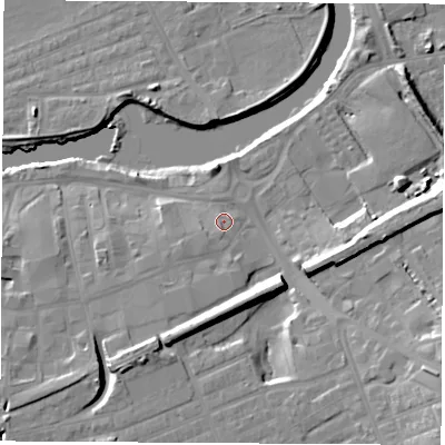 Shaded relief map of the ground around WF101BH, computed from Environment Agency LiDAR. The ground here sits at about 14 m above sea level and falls 16 m across the surrounding 800 m. Surface water reaching this point runs off ground lying to the south-east, 11.9 m higher.