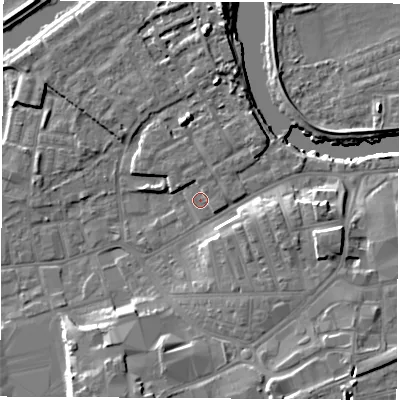 Shaded relief map of the ground around WF101BJ, computed from Environment Agency LiDAR. The ground here sits at about 14 m above sea level and falls 12 m across the surrounding 800 m. Surface water reaching this point runs off ground lying to the north-north-east, 1.4 m higher.