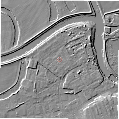 Shaded relief map of the ground around WF101BN, computed from Environment Agency LiDAR. The ground here sits at about 14 m above sea level and falls 11 m across the surrounding 800 m. Surface water reaching this point runs off ground lying to the east, 1.2 m higher.