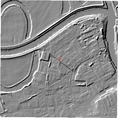 Shaded relief map of the ground around WF101BQ, computed from Environment Agency LiDAR. The ground here sits at about 15 m above sea level and falls 9 m across the surrounding 800 m. Surface water reaching this point runs off ground lying to the east, 0.8 m higher.