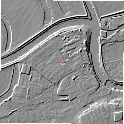 Shaded relief map of the ground around WF101BS, computed from Environment Agency LiDAR. The ground here sits at about 15 m above sea level and falls 11 m across the surrounding 800 m. Surface water reaching this point runs off ground lying to the east-north-east, 2.4 m higher.