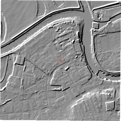 Shaded relief map of the ground around WF101BT, computed from Environment Agency LiDAR. The ground here sits at about 15 m above sea level and falls 11 m across the surrounding 800 m. Surface water reaching this point runs off ground lying to the north-west, 0.7 m higher.