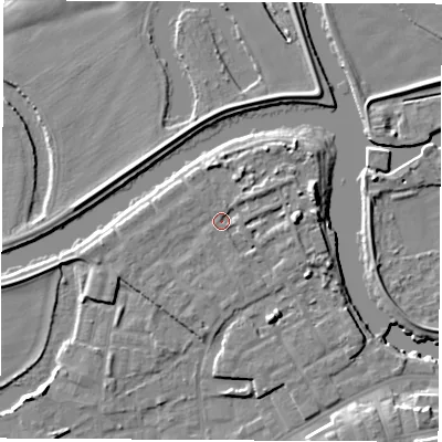 Shaded relief map of the ground around WF101BU, computed from Environment Agency LiDAR. The ground here sits at about 14 m above sea level and falls 11 m across the surrounding 800 m. Surface water reaching this point runs off ground lying to the east, 4.4 m higher.