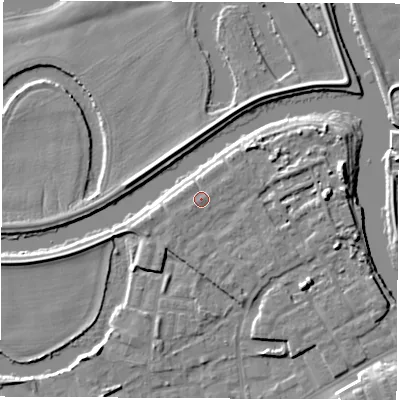 Shaded relief map of the ground around WF101BX, computed from Environment Agency LiDAR. The ground here sits at about 15 m above sea level and falls 10 m across the surrounding 800 m. Surface water reaching this point runs off ground lying to the south-west, 0.8 m higher.