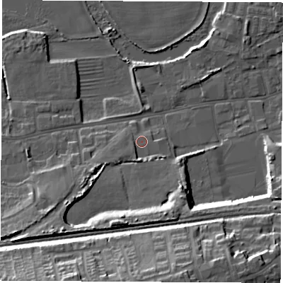 Shaded relief map of the ground around WF101BY, computed from Environment Agency LiDAR. The ground here sits at about 15 m above sea level and falls 22 m across the surrounding 800 m. Surface water reaching this point runs off ground lying to the south-west, 10.5 m higher.