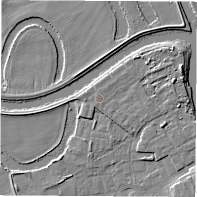 Shaded relief map of the ground around WF101DT, computed from Environment Agency LiDAR. The ground here sits at about 15 m above sea level and falls 9 m across the surrounding 800 m. Surface water reaching this point runs off ground lying to the north, 0.6 m higher.