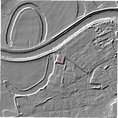 Shaded relief map of the ground around WF101EB, computed from Environment Agency LiDAR. The ground here sits at about 15 m above sea level and falls 9 m across the surrounding 800 m. Surface water reaching this point runs off ground lying to the east-south-east, 2.1 m higher.