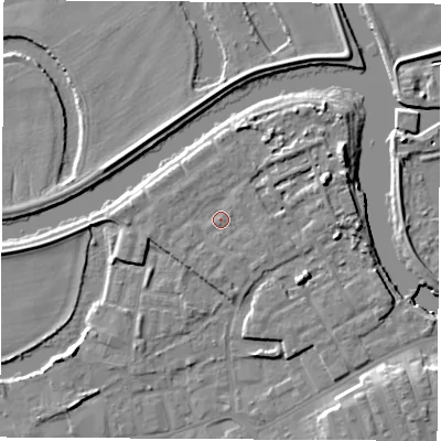 Shaded relief map of the ground around WF101ED, computed from Environment Agency LiDAR. The ground here sits at about 15 m above sea level and falls 10 m across the surrounding 800 m. Surface water reaching this point runs off ground lying to the east-south-east, 1.3 m higher.