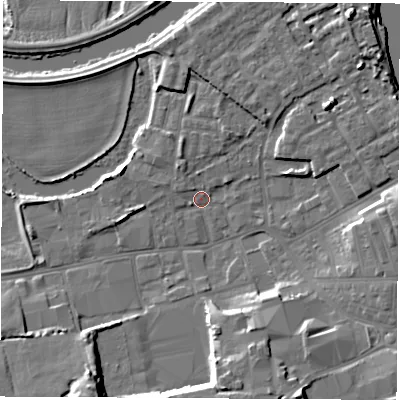 Shaded relief map of the ground around WF101EP, computed from Environment Agency LiDAR. The ground here sits at about 13 m above sea level and falls 12 m across the surrounding 800 m. Surface water reaching this point runs off ground lying to the north-west, 2.3 m higher.