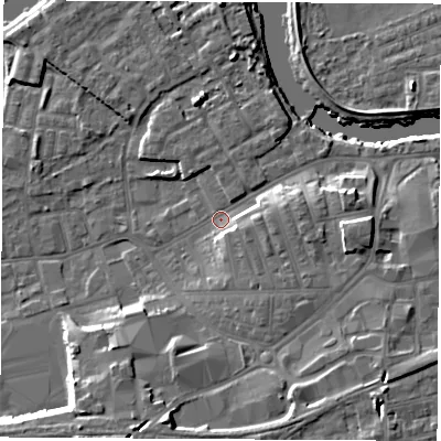 Shaded relief map of the ground around WF101ER, computed from Environment Agency LiDAR. The ground here sits at about 14 m above sea level and falls 14 m across the surrounding 800 m. Surface water reaching this point runs off ground lying to the east-south-east, 5.2 m higher.
