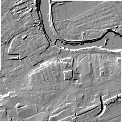 Shaded relief map of the ground around WF101EU, computed from Environment Agency LiDAR. The ground here sits at about 15 m above sea level and falls 13 m across the surrounding 800 m. Surface water reaching this point runs off ground lying to the south-south-east, 6.3 m higher.