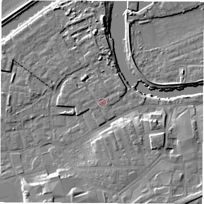 Shaded relief map of the ground around WF101FB, computed from Environment Agency LiDAR. The ground here sits at about 15 m above sea level and falls 12 m across the surrounding 800 m. Surface water reaching this point runs off ground lying to the south-west, 0.6 m higher.