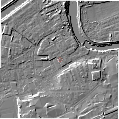 Shaded relief map of the ground around WF101FD, computed from Environment Agency LiDAR. The ground here sits at about 15 m above sea level and falls 12 m across the surrounding 800 m. Surface water reaching this point runs off ground lying to the north-north-east, 1.4 m higher.