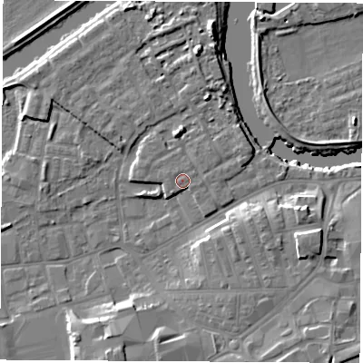 Shaded relief map of the ground around WF101FF, computed from Environment Agency LiDAR. The ground here sits at about 15 m above sea level and falls 12 m across the surrounding 800 m. Surface water reaching this point runs off ground lying to the west-north-west, 1.6 m higher.