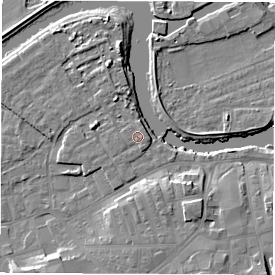 Shaded relief map of the ground around WF101FG, computed from Environment Agency LiDAR. The ground here sits at about 15 m above sea level and falls 11 m across the surrounding 800 m. Surface water reaching this point runs off ground lying to the north-east, 1.4 m higher.