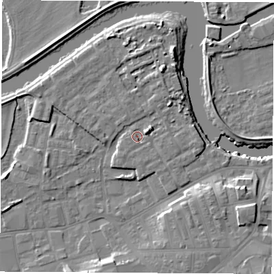 Shaded relief map of the ground around WF101FH, computed from Environment Agency LiDAR. The ground here sits at about 14 m above sea level and falls 11 m across the surrounding 800 m. Surface water reaching this point runs off ground lying to the east-north-east, 3.3 m higher.