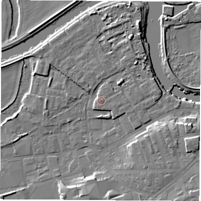 Shaded relief map of the ground around WF101FJ, computed from Environment Agency LiDAR. The ground here sits at about 15 m above sea level and falls 11 m across the surrounding 800 m. Surface water reaching this point runs off ground lying to the south-east, 0.6 m higher.