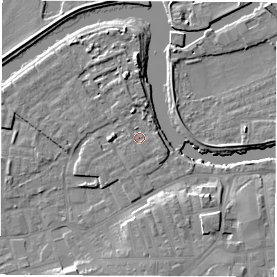Shaded relief map of the ground around WF101FL, computed from Environment Agency LiDAR. The ground here sits at about 15 m above sea level and falls 11 m across the surrounding 800 m. Surface water reaching this point runs off ground lying to the east, 1.6 m higher.