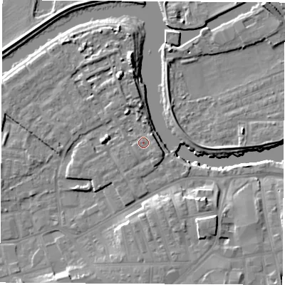 Shaded relief map of the ground around WF101FN, computed from Environment Agency LiDAR. The ground here sits at about 15 m above sea level and falls 11 m across the surrounding 800 m. Surface water reaching this point runs off ground lying to the east-south-east, 1.1 m higher.