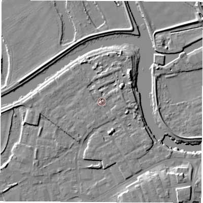 Shaded relief map of the ground around WF101FP, computed from Environment Agency LiDAR. The ground here sits at about 14 m above sea level and falls 11 m across the surrounding 800 m. Surface water reaching this point runs off ground lying to the east, 2.4 m higher.