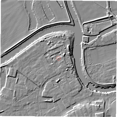 Shaded relief map of the ground around WF101FQ, computed from Environment Agency LiDAR. The ground here sits at about 16 m above sea level and falls 11 m across the surrounding 800 m. Surface water reaching this point runs off ground lying to the east-north-east, 2.3 m higher.