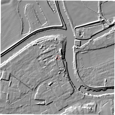 Shaded relief map of the ground around WF101FS, computed from Environment Agency LiDAR. The ground here sits at about 16 m above sea level and falls 10 m across the surrounding 800 m. Surface water reaching this point runs off ground lying to the north-east, 3.4 m higher.