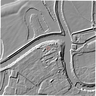 Shaded relief map of the ground around WF101FT, computed from Environment Agency LiDAR. The ground here sits at about 15 m above sea level and falls 10 m across the surrounding 800 m. Surface water reaching this point runs off ground lying to the south, 1.9 m higher.