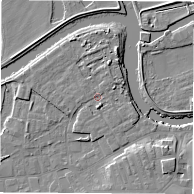 Shaded relief map of the ground around WF101FU, computed from Environment Agency LiDAR. The ground here sits at about 14 m above sea level and falls 11 m across the surrounding 800 m. Surface water reaching this point runs off ground lying to the south, 3.4 m higher.