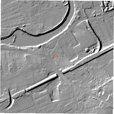 Shaded relief map of the ground around WF101HF, computed from Environment Agency LiDAR. The ground here sits at about 13 m above sea level and falls 20 m across the surrounding 800 m. Surface water reaching this point runs off ground lying to the south-east, 16.2 m higher.