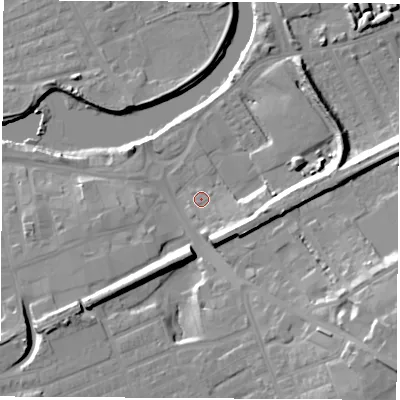 Shaded relief map of the ground around WF101HG, computed from Environment Agency LiDAR. The ground here sits at about 14 m above sea level and falls 20 m across the surrounding 800 m. Surface water reaching this point runs off ground lying to the south-east, 7.7 m higher.