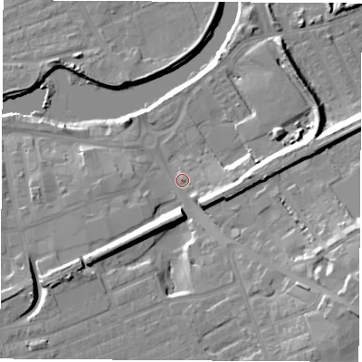 Shaded relief map of the ground around WF101HH, computed from Environment Agency LiDAR. The ground here sits at about 13 m above sea level and falls 20 m across the surrounding 800 m. Surface water reaching this point runs off ground lying to the south-east, 15.8 m higher.