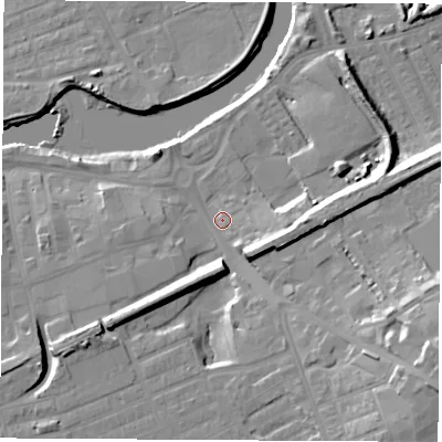 Shaded relief map of the ground around WF101HQ, computed from Environment Agency LiDAR. The ground here sits at about 14 m above sea level and falls 20 m across the surrounding 800 m. Surface water reaching this point runs off ground lying to the south-east, 15.9 m higher.