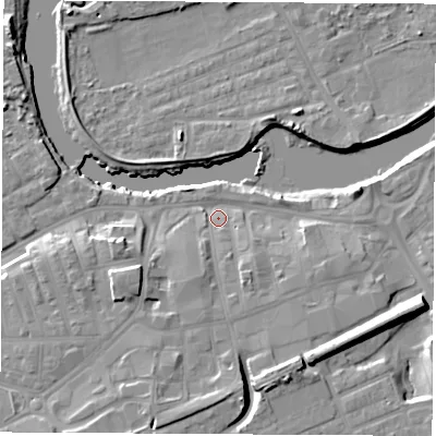 Shaded relief map of the ground around WF101HY, computed from Environment Agency LiDAR. The ground here sits at about 14 m above sea level and falls 12 m across the surrounding 800 m. Surface water reaching this point runs off ground lying to the south, 8.7 m higher.