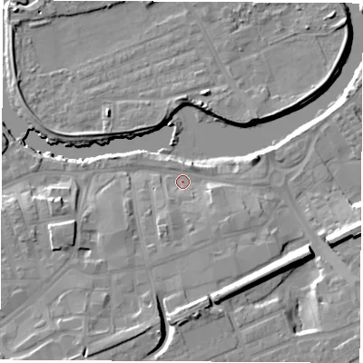 Shaded relief map of the ground around WF101JJ, computed from Environment Agency LiDAR. The ground here sits at about 13 m above sea level and falls 12 m across the surrounding 800 m. Surface water reaching this point runs off ground lying to the east-south-east, 8.8 m higher.