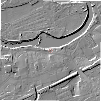 Shaded relief map of the ground around WF101JL, computed from Environment Agency LiDAR. The ground here sits at about 13 m above sea level and falls 13 m across the surrounding 800 m. Surface water reaching this point runs off ground lying to the east-south-east, 12.8 m higher.