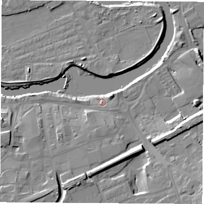Shaded relief map of the ground around WF101JP, computed from Environment Agency LiDAR. The ground here sits at about 12 m above sea level and falls 13 m across the surrounding 800 m. Surface water reaching this point runs off ground lying to the east-north-east, 5.1 m higher.