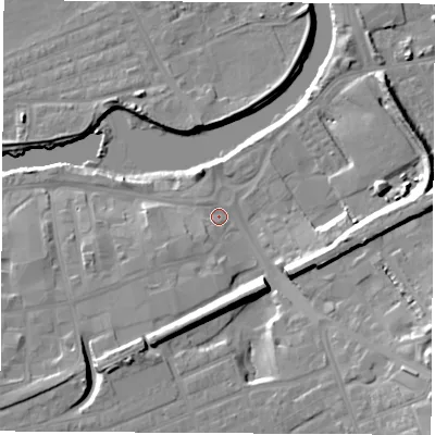 Shaded relief map of the ground around WF101JS, computed from Environment Agency LiDAR. The ground here sits at about 13 m above sea level and falls 17 m across the surrounding 800 m. Surface water reaching this point runs off ground lying to the south-east, 13.0 m higher.