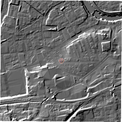 Shaded relief map of the ground around WF101LB, computed from Environment Agency LiDAR. The ground here sits at about 14 m above sea level and falls 22 m across the surrounding 800 m. Surface water reaching this point runs off ground lying to the south-south-west, 15.3 m higher.