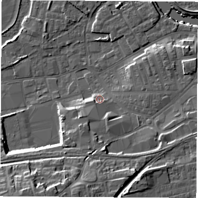 Shaded relief map of the ground around WF101LL, computed from Environment Agency LiDAR. The ground here sits at about 15 m above sea level and falls 23 m across the surrounding 800 m. Surface water reaching this point runs off ground lying to the south-west, 5.8 m higher.