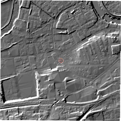 Shaded relief map of the ground around WF101LN, computed from Environment Agency LiDAR. The ground here sits at about 13 m above sea level and falls 20 m across the surrounding 800 m. Surface water reaching this point runs off ground lying to the south-south-west, 15.4 m higher.