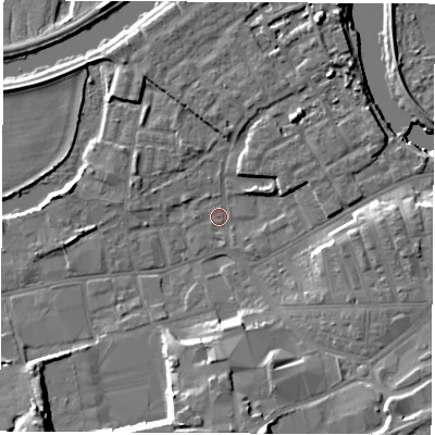 Shaded relief map of the ground around WF101LU, computed from Environment Agency LiDAR. The ground here sits at about 13 m above sea level and falls 13 m across the surrounding 800 m. Surface water reaching this point runs off ground lying to the south, 10.1 m higher.