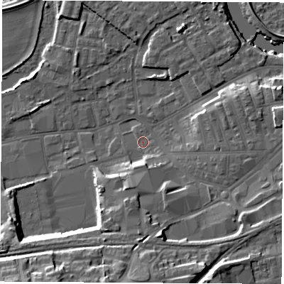 Shaded relief map of the ground around WF101LW, computed from Environment Agency LiDAR. The ground here sits at about 13 m above sea level and falls 20 m across the surrounding 800 m. Surface water reaching this point runs off ground lying to the south-south-west, 15.5 m higher.