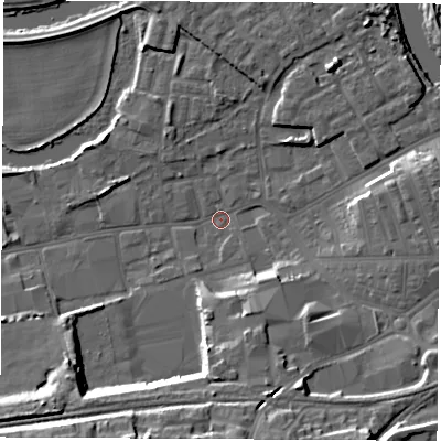 Shaded relief map of the ground around WF101LX, computed from Environment Agency LiDAR. The ground here sits at about 13 m above sea level and falls 16 m across the surrounding 800 m. Surface water reaching this point runs off ground lying to the south, 14.1 m higher.
