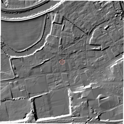 Shaded relief map of the ground around WF101NA, computed from Environment Agency LiDAR. The ground here sits at about 13 m above sea level and falls 14 m across the surrounding 800 m. Surface water reaching this point runs off ground lying to the north-east, 1.6 m higher.