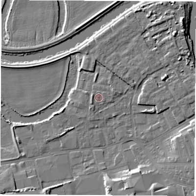 Shaded relief map of the ground around WF101NB, computed from Environment Agency LiDAR. The ground here sits at about 14 m above sea level and falls 10 m across the surrounding 800 m. The ground contributing surface water to this point lies to the north-east.