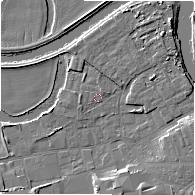 Shaded relief map of the ground around WF101ND, computed from Environment Agency LiDAR. The ground here sits at about 14 m above sea level and falls 10 m across the surrounding 800 m. Surface water reaching this point runs off ground lying to the west-south-west, 2.4 m higher.