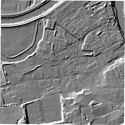Shaded relief map of the ground around WF101NE, computed from Environment Agency LiDAR. The ground here sits at about 12 m above sea level and falls 12 m across the surrounding 800 m. Surface water reaching this point runs off ground lying to the north-east, 1.6 m higher.